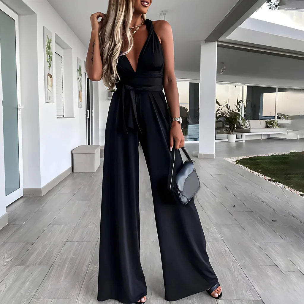 Women's jumpsuit – Sleeveless – V-neck – Belted waist – Wide flowing leg