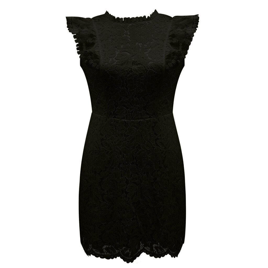 Robe femme en dentelle – Coupe slim – Mini – Col montant – Manches courtes