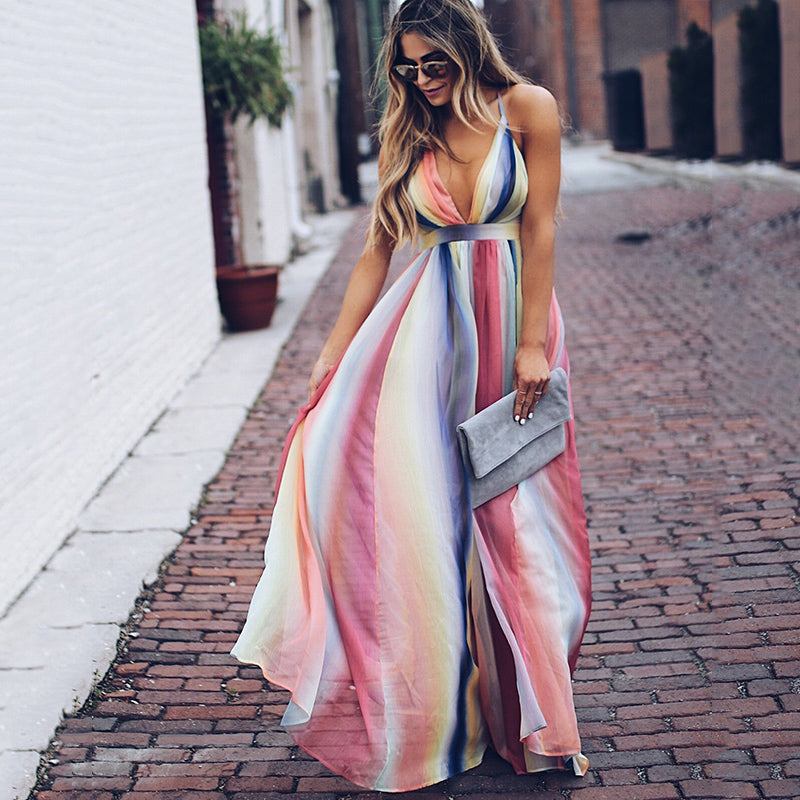 Women's long dress – Sleeveless – Plunging neckline – Flowing cut – Breathable fabric