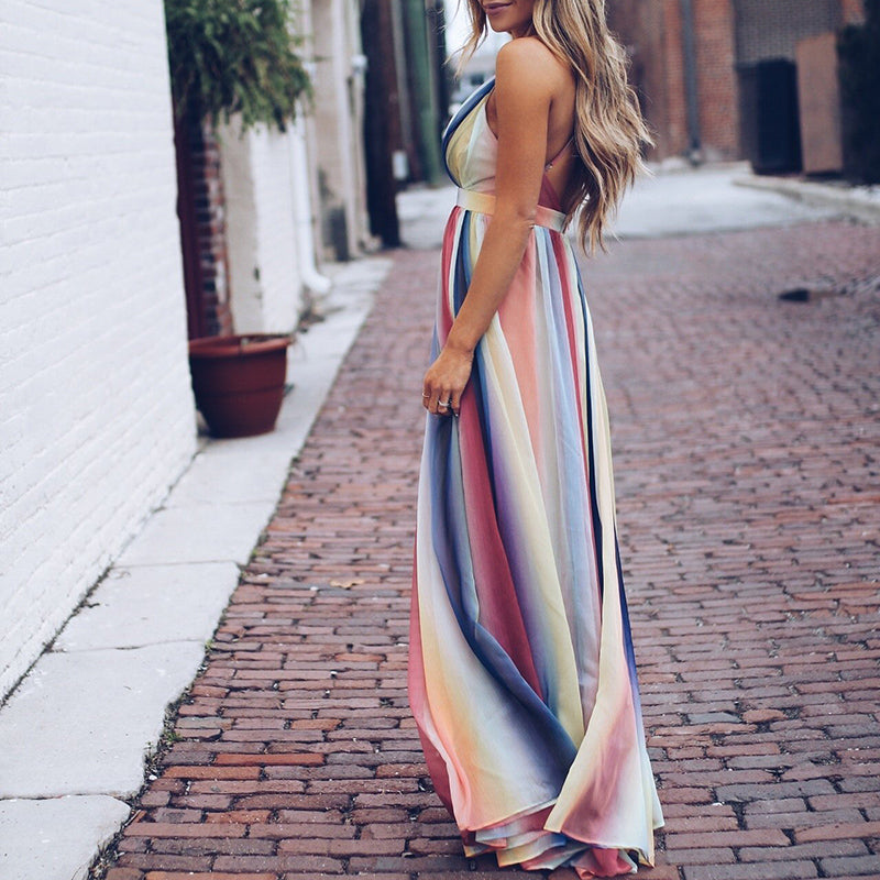 Women's long dress – Sleeveless – Plunging neckline – Flowing cut – Breathable fabric