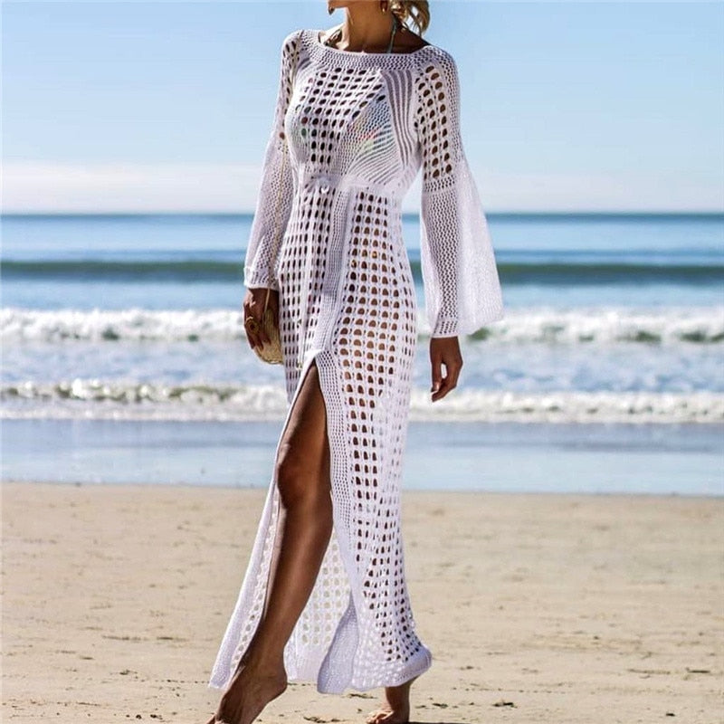 Women's beach dress – Lightweight knit – Flowing cut – Long sleeves – High slit