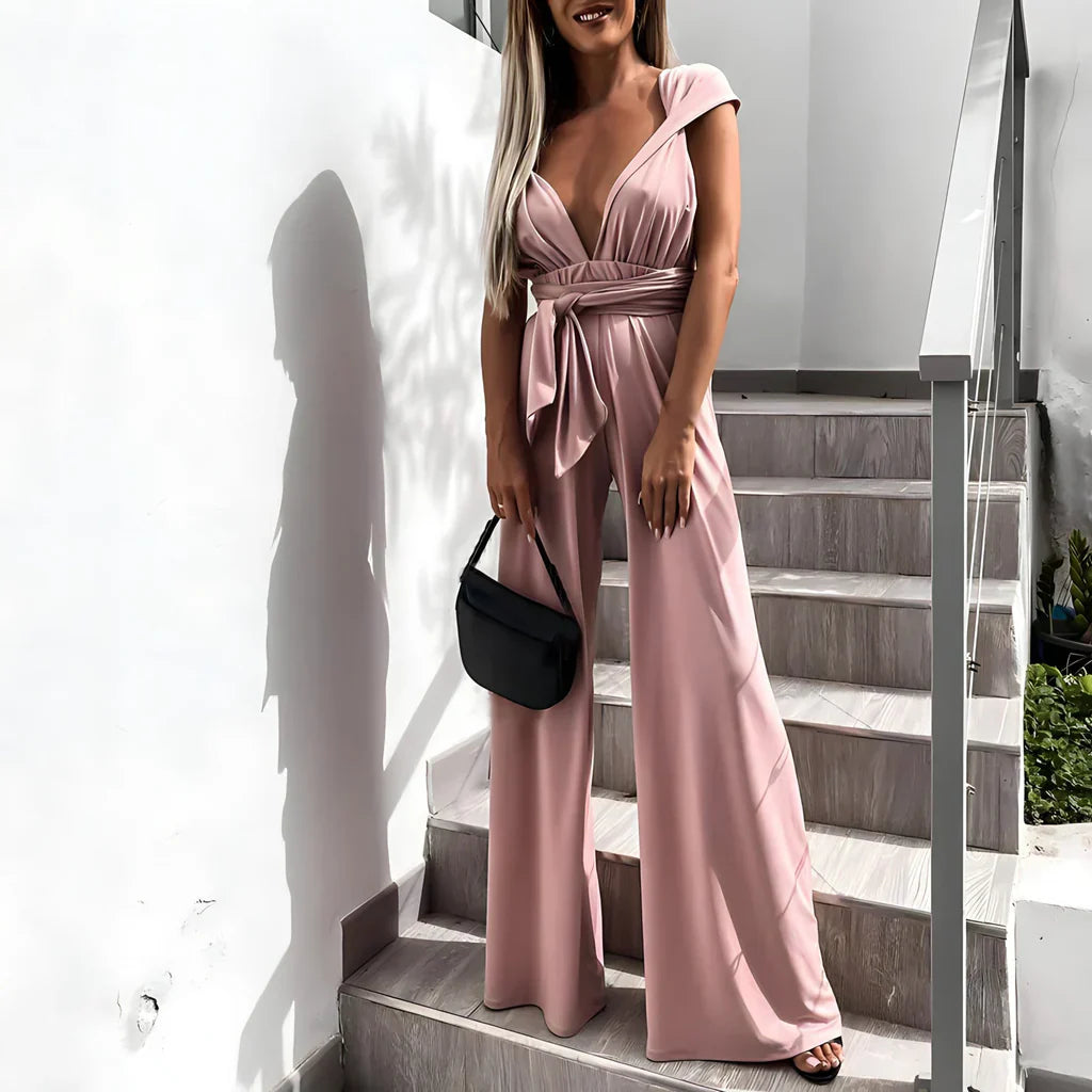 Women's jumpsuit – Sleeveless – V-neck – Belted waist – Wide flowing leg