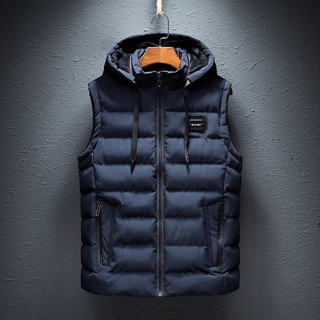 Men's Sleeveless Vest - Woven Fabric - Quilted - Detachable Hood - Zipper Closure
