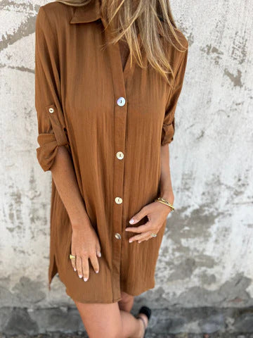 Women's Shirt Dress – Relaxed Fit – Front Buttoning – Breathable Fabric – Rolled Sleeves