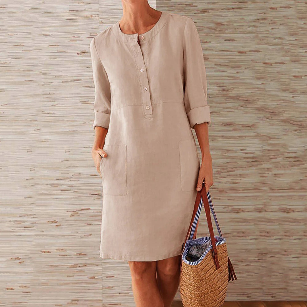 Robe femme – Coupe décontractée – Linnen – Manches 3/4 – Boutonnée – Poches