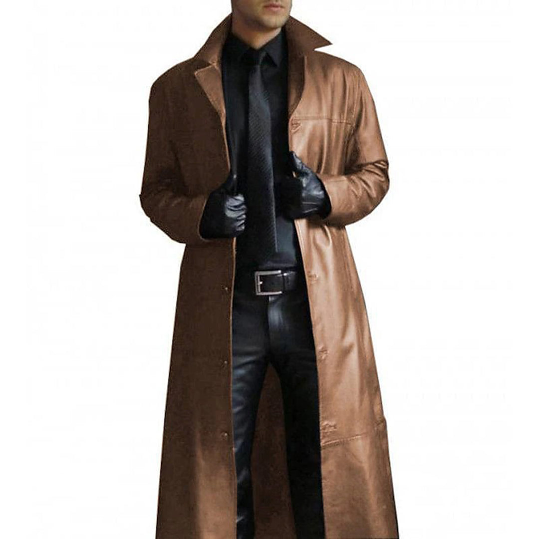 Manteau long homme – Coupe cintrée – Toucher cuir lisse – Col large habillé