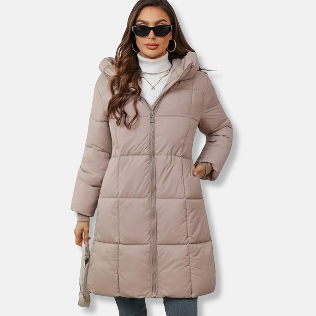 Women's Quilted Coat - Woven Fabric - Relaxed Fit - Knee Length - Hood High Collar