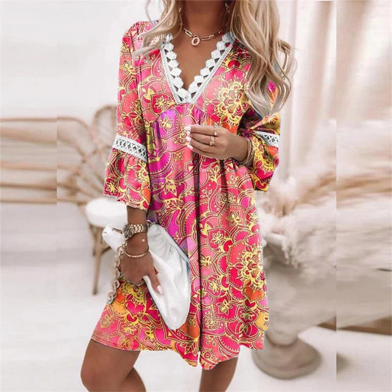 Women's dress – Relaxed fit – V-neck lace – Floral print – Breathable fabric