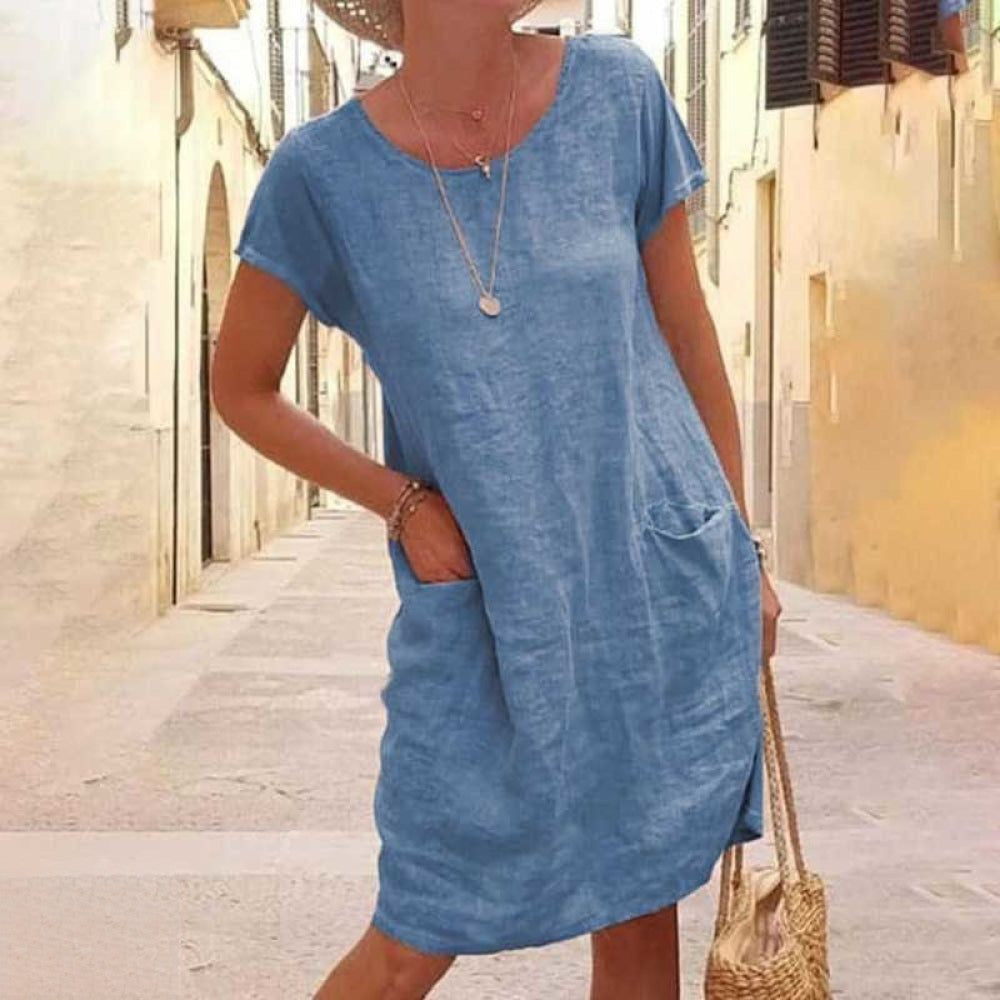 Robe femme genou – Coupe ample – Manches courtes – Fibres naturelles – Style décontracté