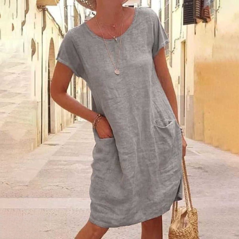 Robe femme genou – Coupe ample – Manches courtes – Fibres naturelles – Style décontracté