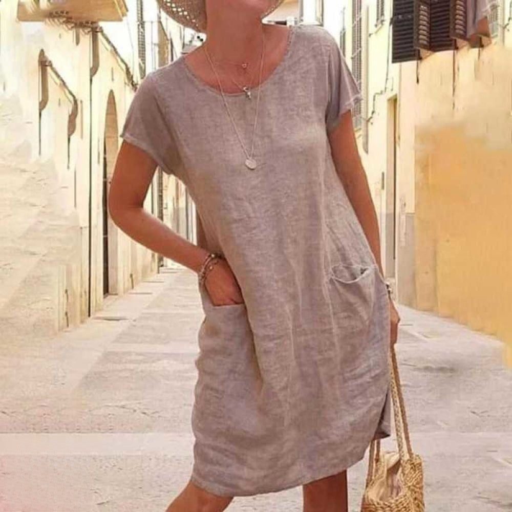 Robe femme genou – Coupe ample – Manches courtes – Fibres naturelles – Style décontracté