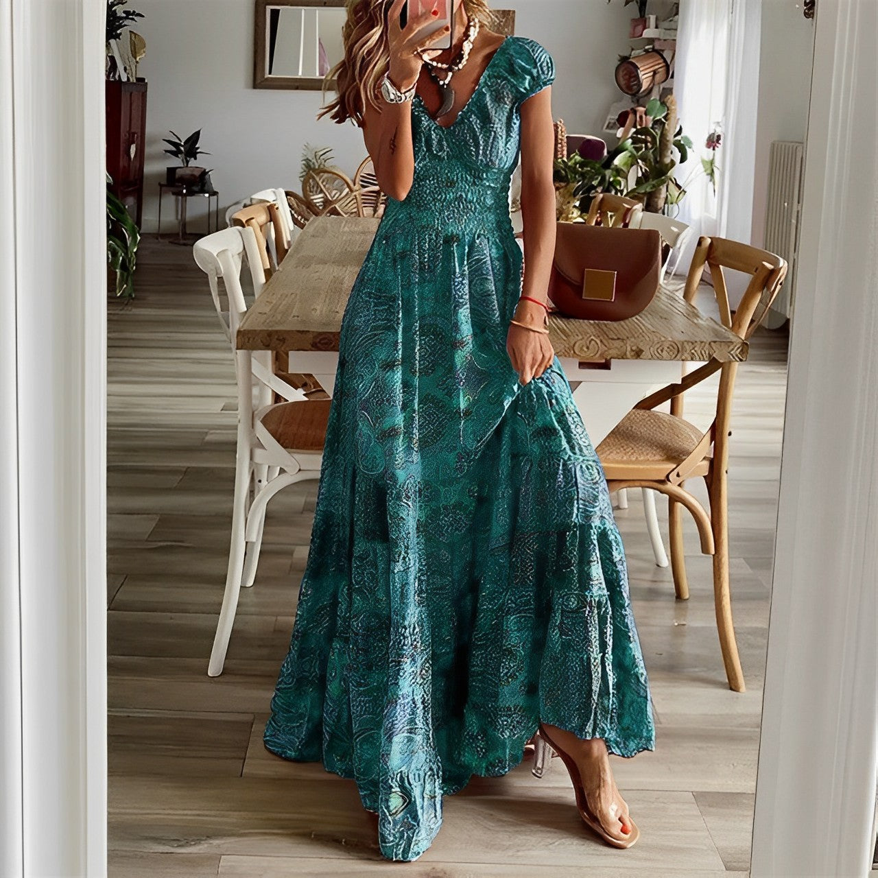 Women's long dress – Fluid cut – V-neck – Short sleeves – Soft breathable fabric