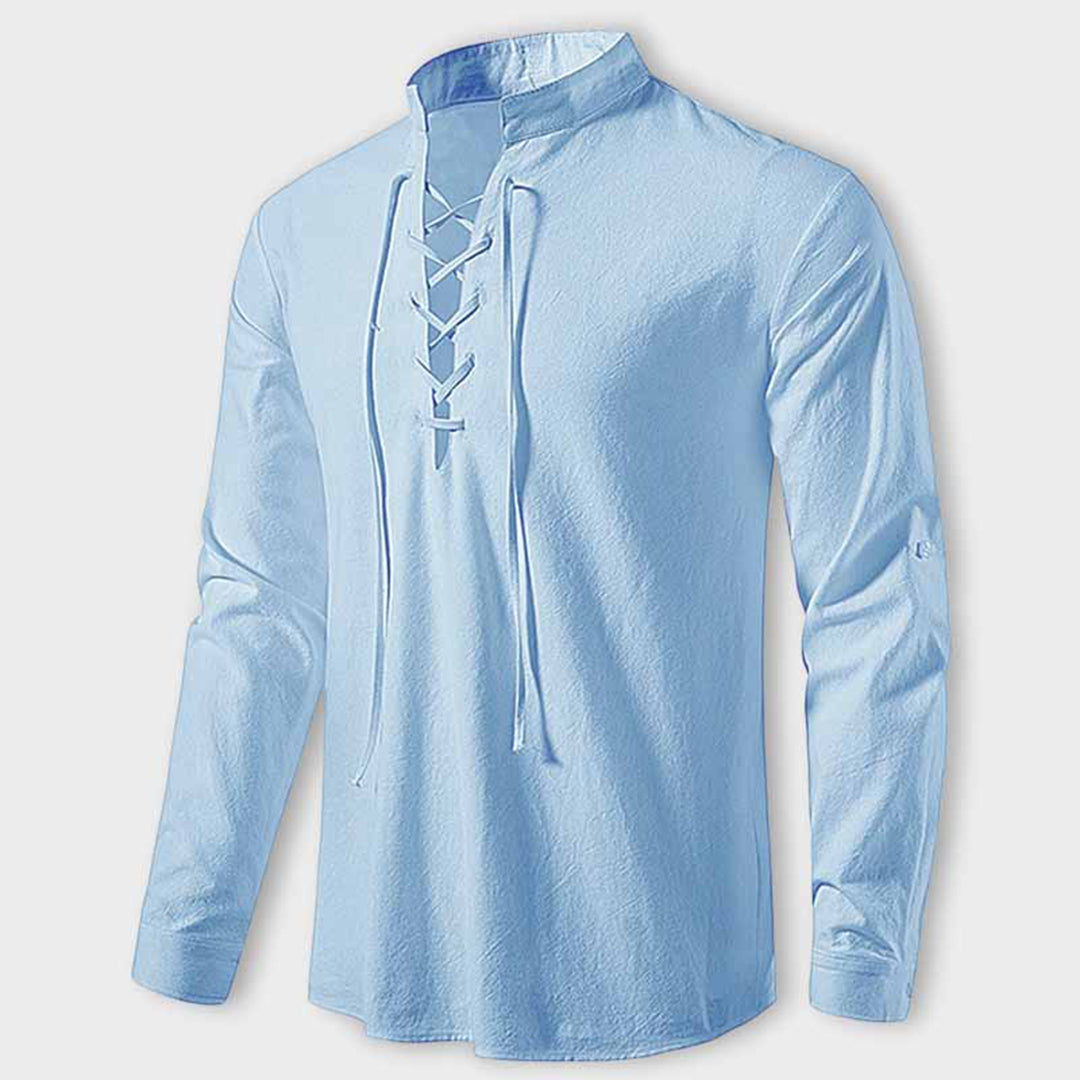 Louie Linen Relaxed Fit Lace-Up Shirt | Band Collar Lace-Up Shirt