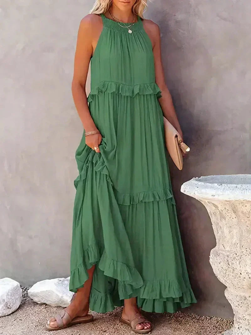 Robe longue femme – Coupe fluide – Col halter – Dos noué – Volants – Coton léger