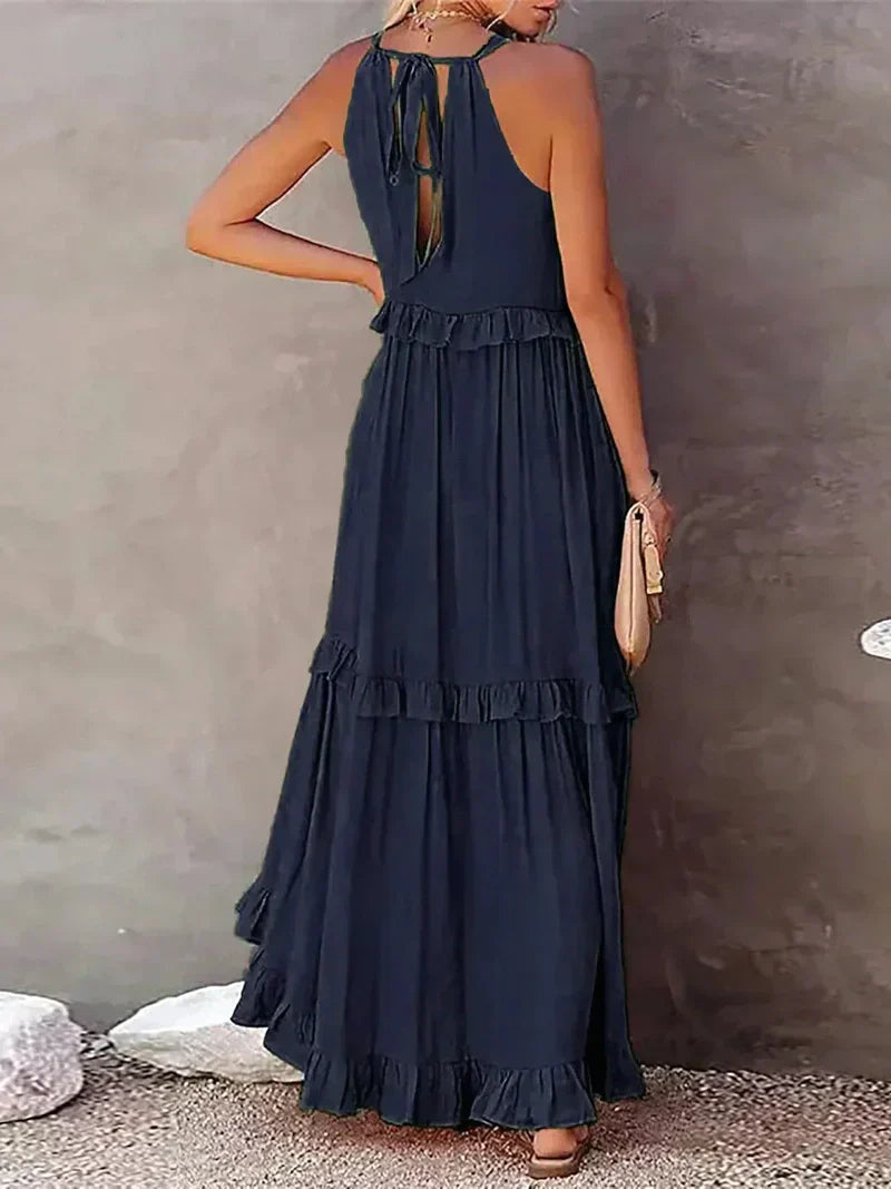 Robe longue femme – Coupe fluide – Col halter – Dos noué – Volants – Coton léger