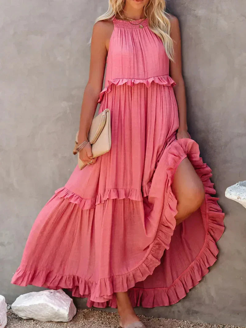 Robe longue femme – Coupe fluide – Col halter – Dos noué – Volants – Coton léger