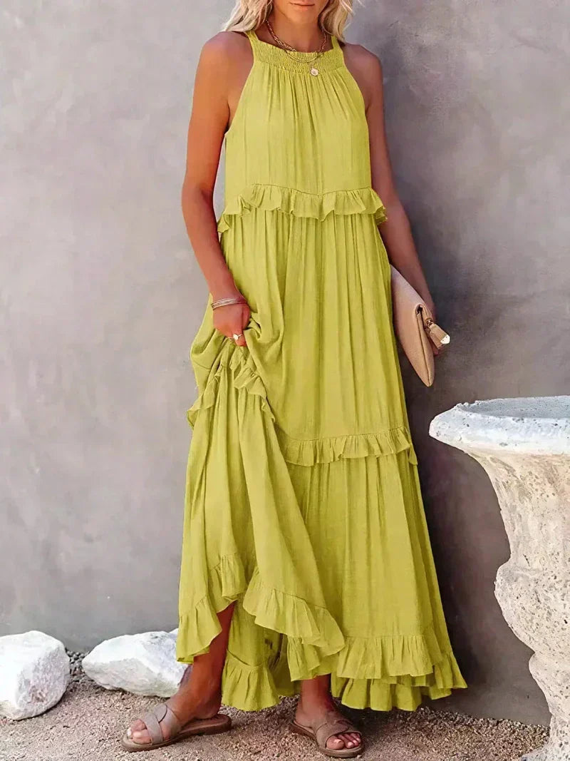 Robe longue femme – Coupe fluide – Col halter – Dos noué – Volants – Coton léger