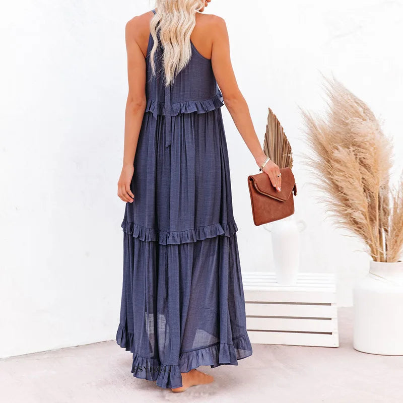 Robe longue femme – Coupe fluide – Col halter – Dos noué – Volants – Coton léger
