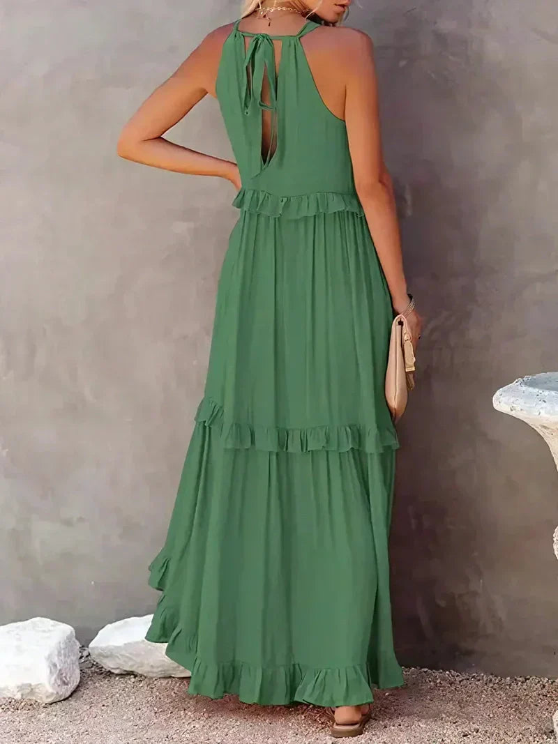 Robe longue femme – Coupe fluide – Col halter – Dos noué – Volants – Coton léger