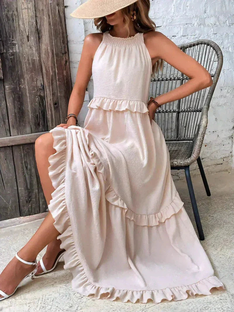 Robe longue femme – Coupe fluide – Col halter – Dos noué – Volants – Coton léger