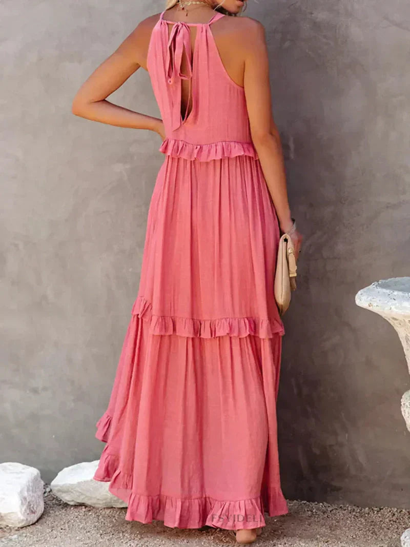 Robe longue femme – Coupe fluide – Col halter – Dos noué – Volants – Coton léger