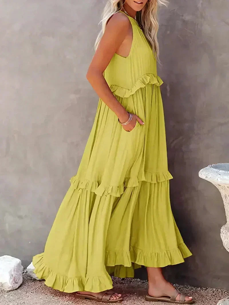 Robe longue femme – Coupe fluide – Col halter – Dos noué – Volants – Coton léger