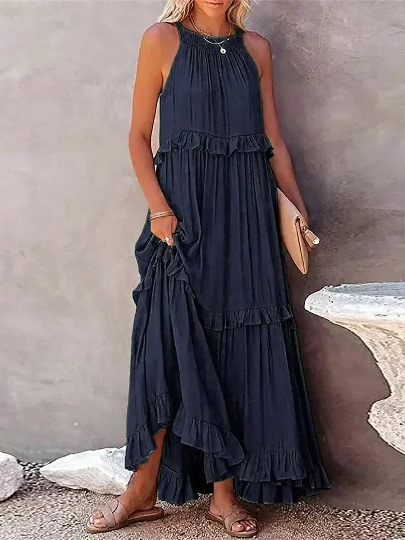Robe longue femme – Coupe fluide – Col halter – Dos noué – Volants – Coton léger