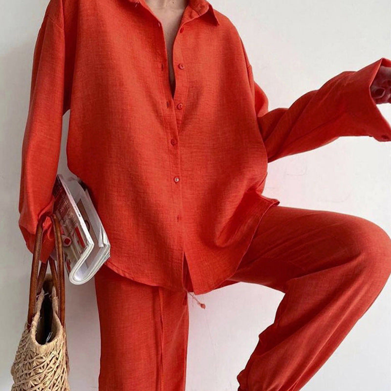 Women's 2-piece set – Natural fibers – Loose fit – Button-up shirt – Wide-leg pants