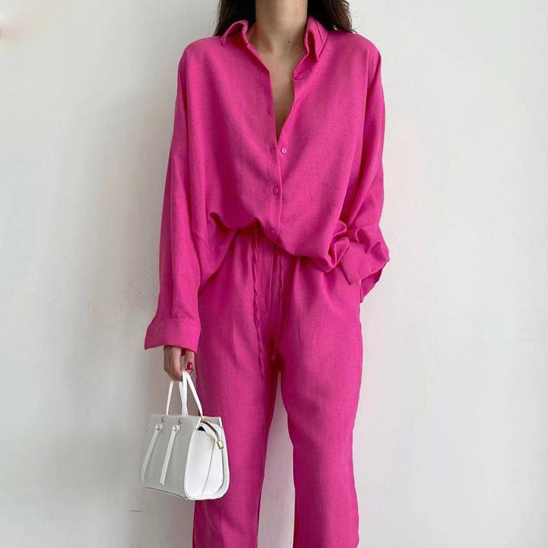 Women's 2-piece set – Natural fibers – Loose fit – Button-up shirt – Wide-leg pants