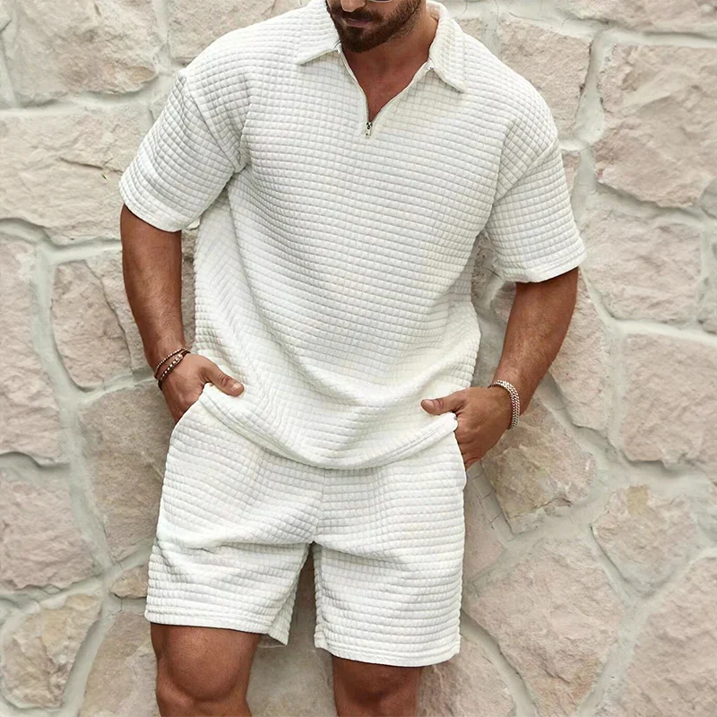 Men's casual set – Relaxed fit – Breathable fabric – Zip-up short-sleeve top