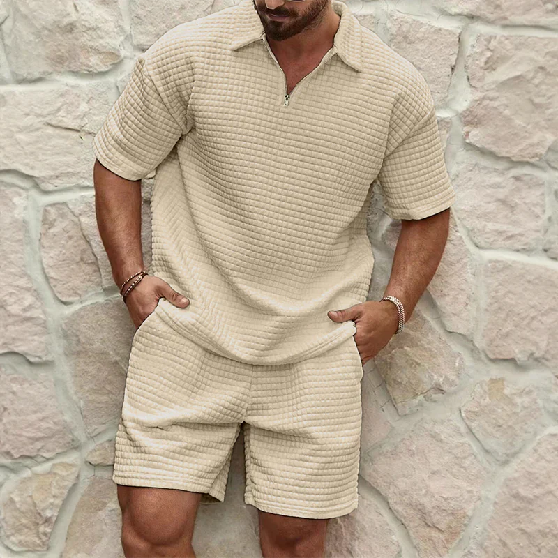 Men's casual set – Relaxed fit – Breathable fabric – Zip-up short-sleeve top