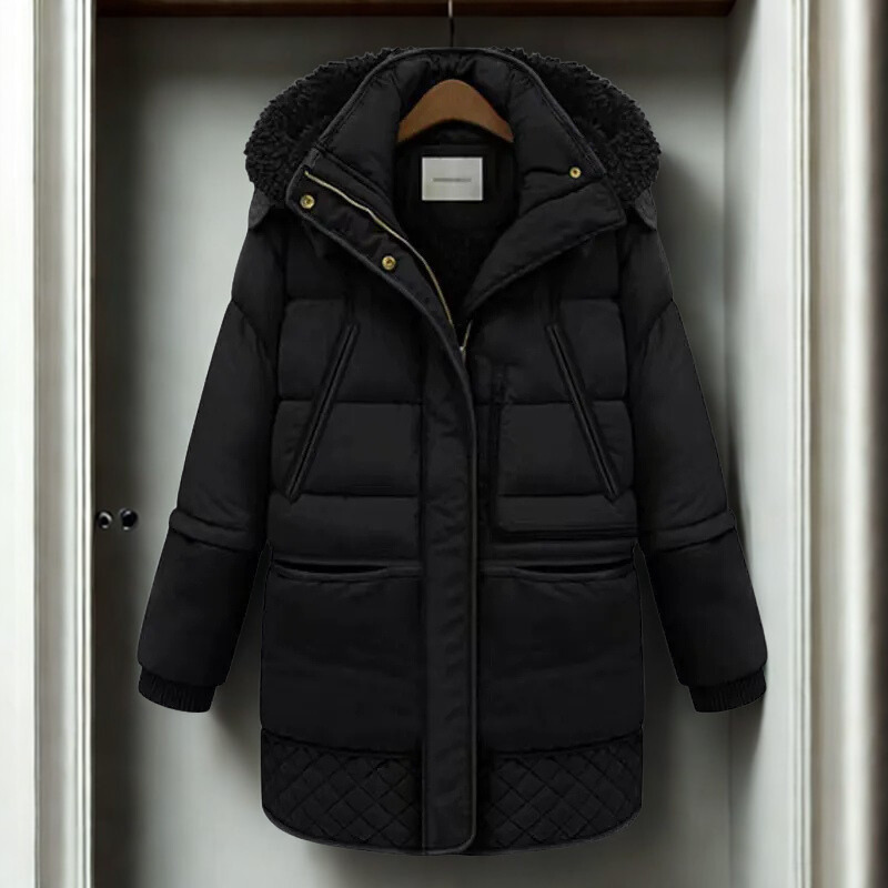 Women's Quilted Coat - Woven Fabric - Oversize Cut - Mid-Thigh Length
