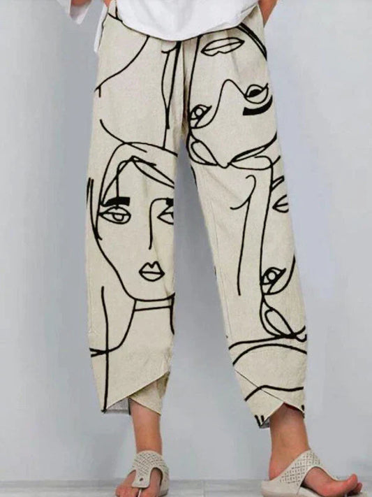 Wide women's pants – Lightweight breathable fabric – Artistic face print – Ankle length
