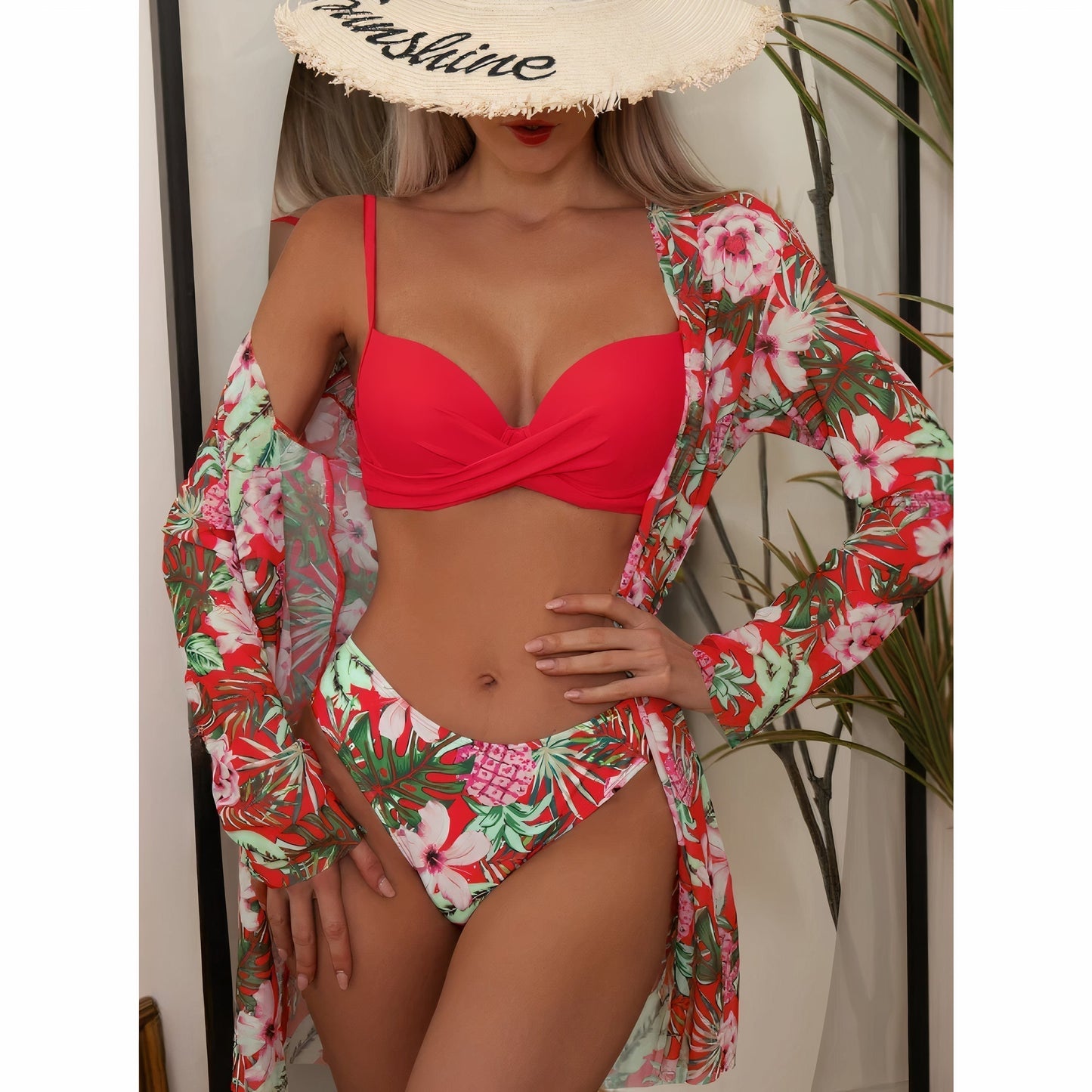 Women's 3-piece swimsuit – High waist – Crossed top – Breathable stretch fabric