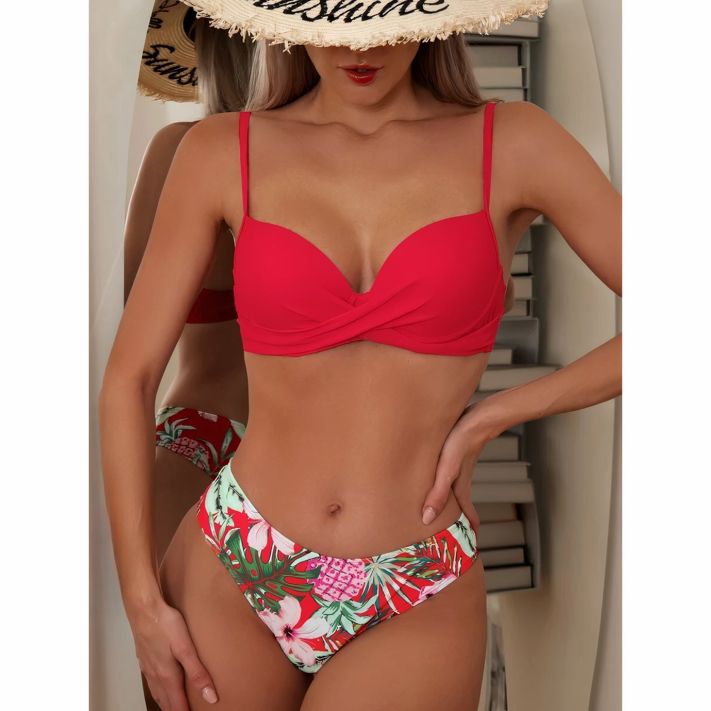Women's 3-piece swimsuit – High waist – Crossed top – Breathable stretch fabric