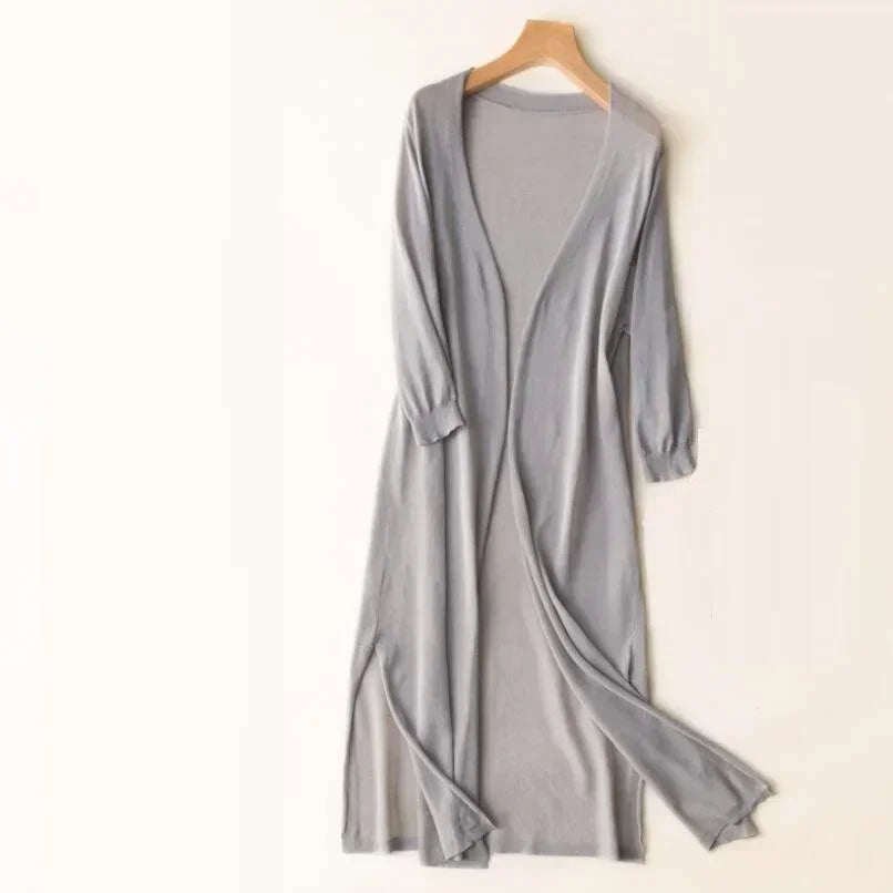 Gilet Long Femme – Maille Légère – Coupe Décontractée – Manches 3/4 – Style Ouvert