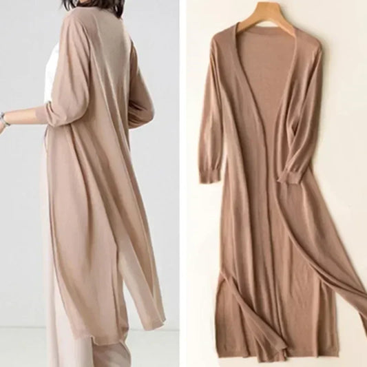Long Women's Cardigan – Lightweight Knit – Relaxed Fit – 3/4 Sleeves – Open Style