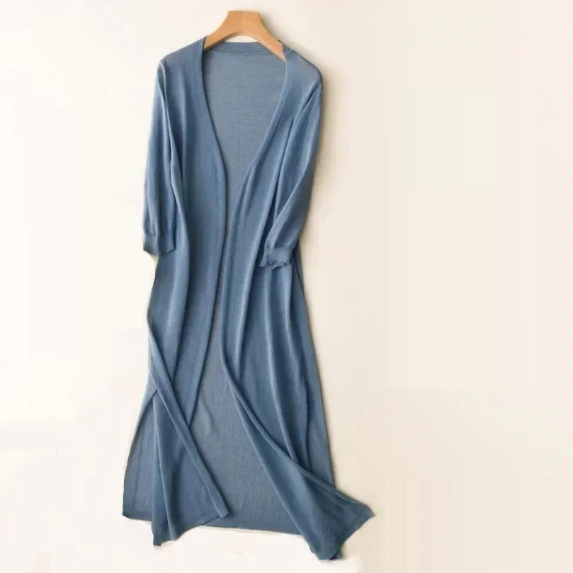 Gilet Long Femme – Maille Légère – Coupe Décontractée – Manches 3/4 – Style Ouvert
