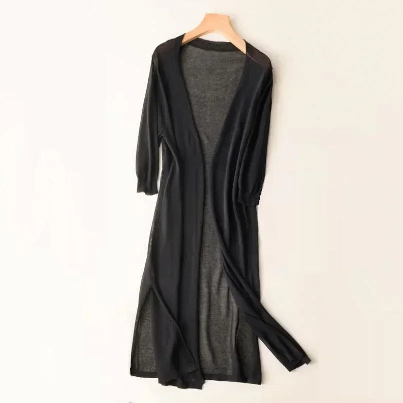 Gilet Long Femme – Maille Légère – Coupe Décontractée – Manches 3/4 – Style Ouvert