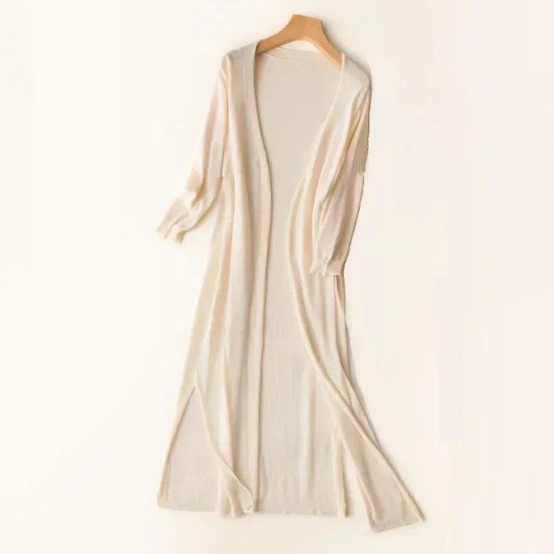 Gilet Long Femme – Maille Légère – Coupe Décontractée – Manches 3/4 – Style Ouvert