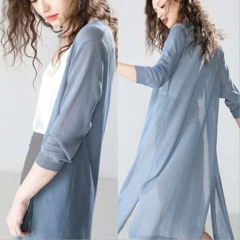 Gilet Long Femme – Maille Légère – Coupe Décontractée – Manches 3/4 – Style Ouvert