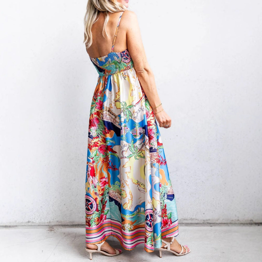 Robe longue femme – Coupe fluide – Taille haute – Bretelles fines – Imprimé élégant