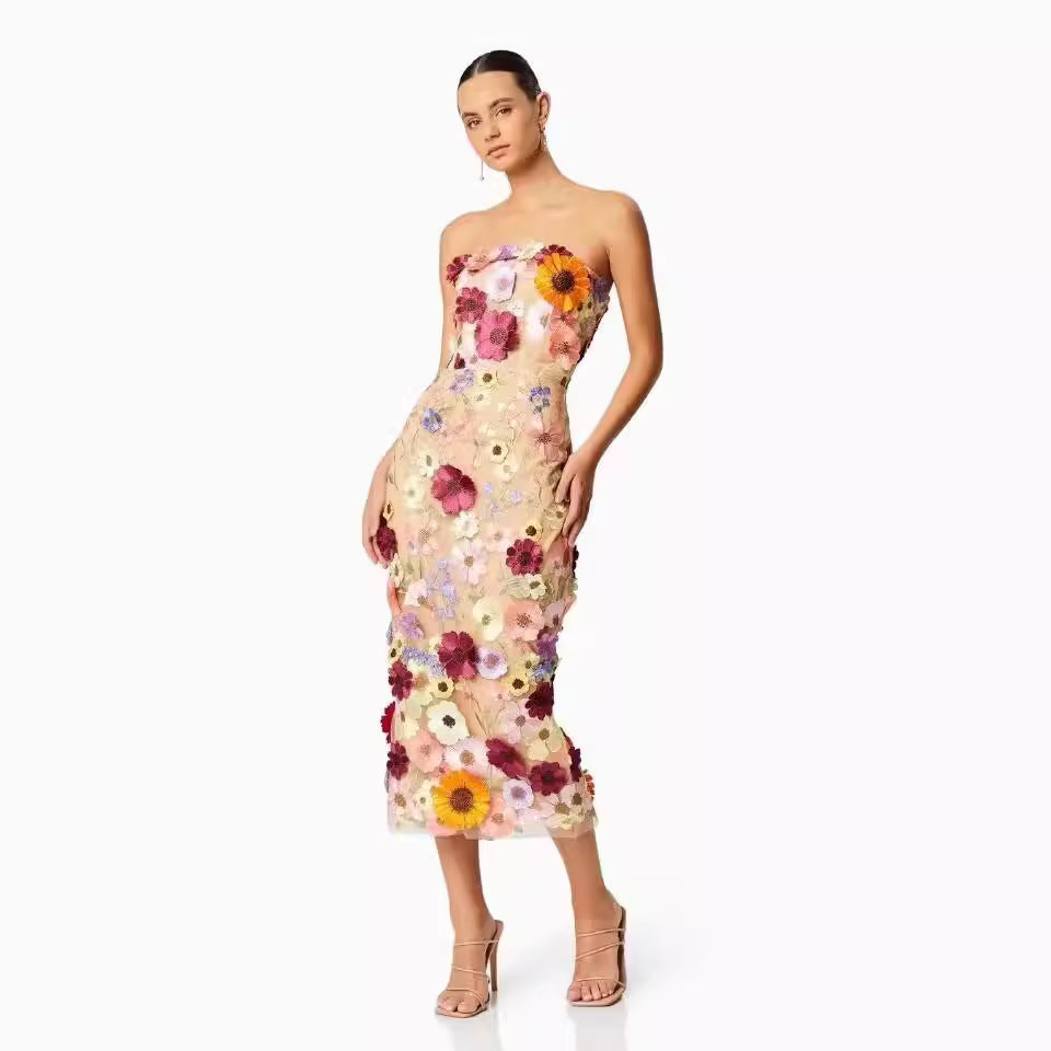 Women's Bustier Dress – Slim Fit – Lightweight Tulle – 3D Floral Appliqués – Midi Length