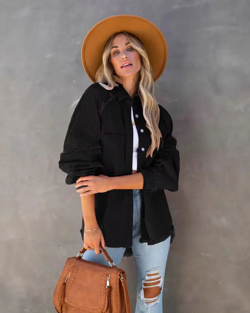 Women's overshirt jacket – Loose fit – Worn effect – Patch pockets – Front buttons