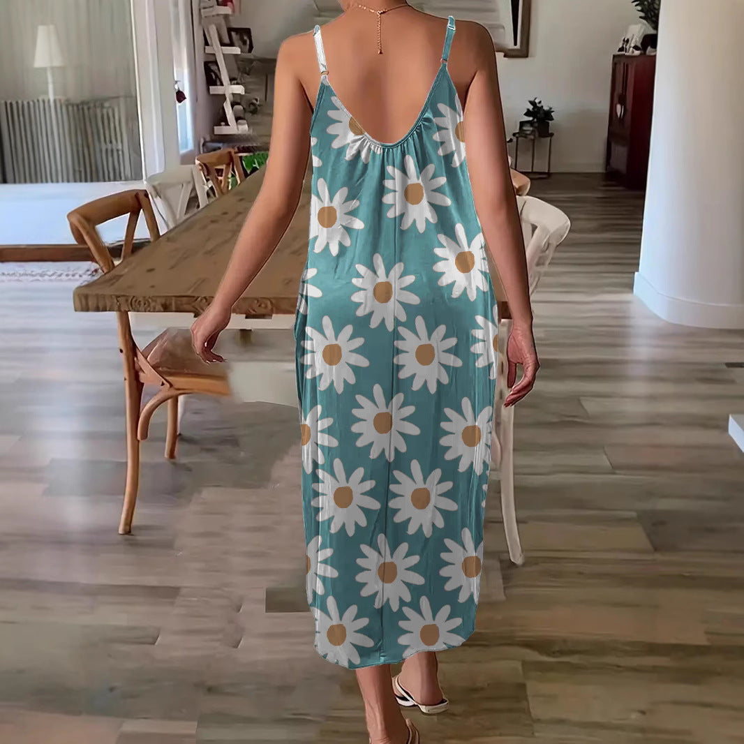 Women's long dress – Flowing cut – Thin straps – Floral print – Breathable fabric