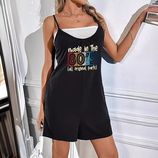 Women's short jumpsuit – Loose fit – Thin straps – Scoop neckline – Breathable cotton – 80s print – With pockets
