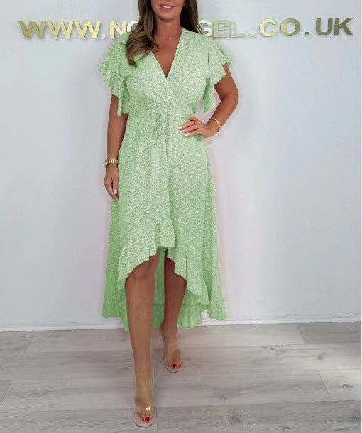 Women's wrap dress – Breathable fabric – Ruffled sleeves – Asymmetrical hem