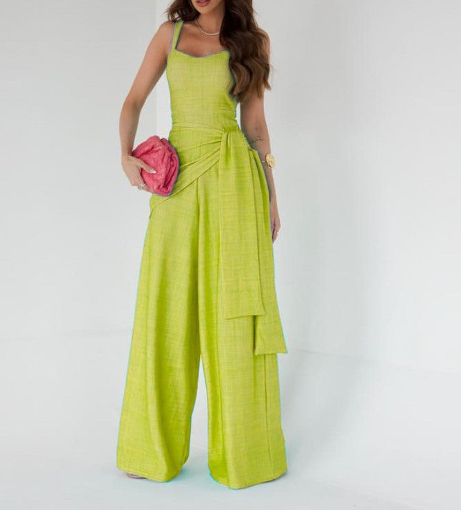 Jumpsuit for women – Lightweight linen – Sleeveless – Adjustable waist – Wide leg