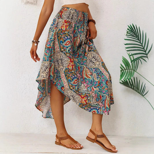 Women's midi skirt – High waist – Flared fluid cut – Exotic print – Asymmetric hem