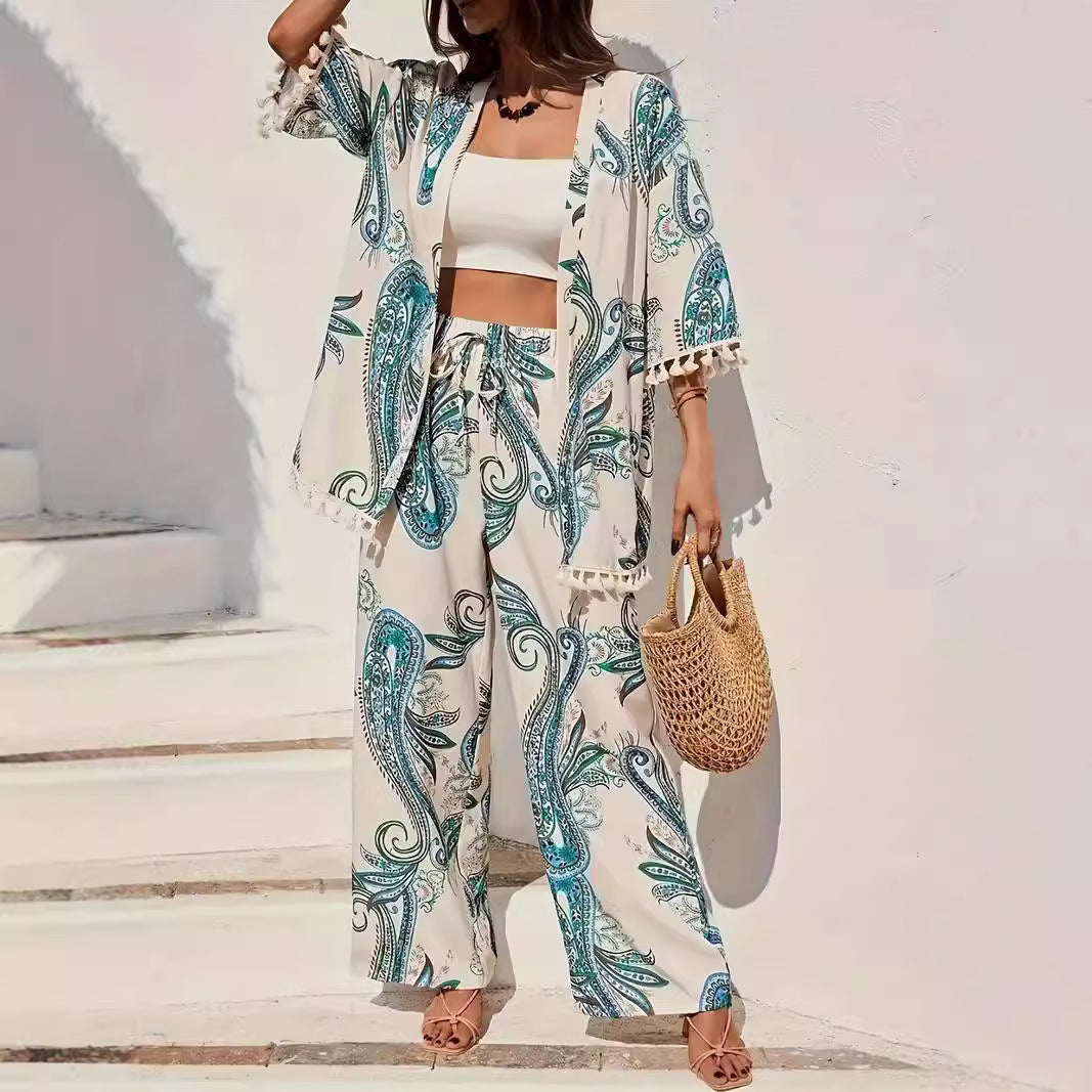 Women's Kimono Set – Relaxed Fit – Paisley Pattern – Breathable Fabric – Drawstring Waist
